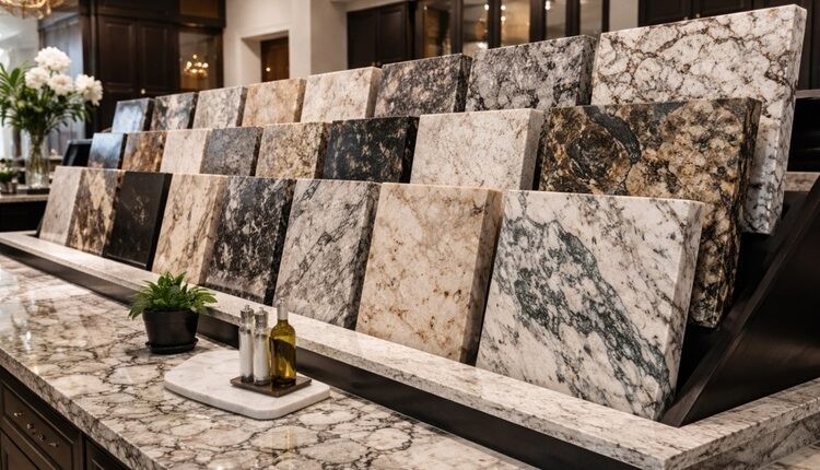 Elegant granite kitchen countertop samples arranged in a showroom display